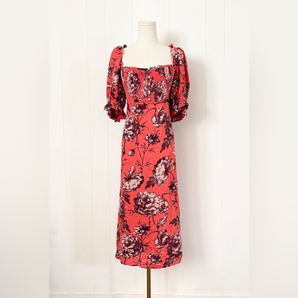 By Anthropologie Puff-Sleeve Smocked Floral Midi Dress Size Large Red - Picture 4 of 8
